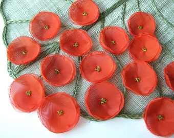 Fabric flowers for crafts, handmade organza sew on flower appliques, flower embellisments, floral supplies (15pcs)- FLAME ORANGE POPPIES