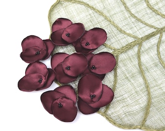 Hydrangea  fabric flower appliques, handmade satin sew on blossoms for sewing, bridal, hair accessory crafts  (10 pcs)- BURGUNDY