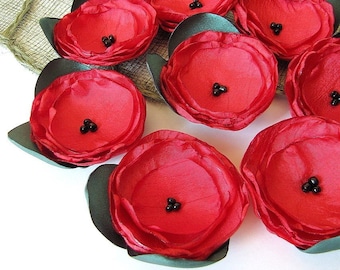 Fabric flower appliques, Handmade sew on flowers for sewing, diy, floral embellishment crafts (6 pcs) - RED ROSES With Leaves
