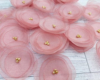 Organza fabric handmade sew on flower appliques, floral supplies, silk flower embellishments (15pcs)- SHIMMERY DUSTY  ROSE with gold beads