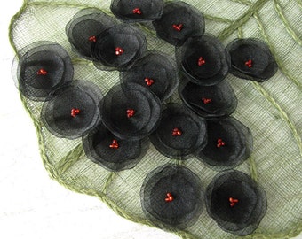 Organza flowers, sew on flower appliques, floral embellishments, handmade flowers, flower appliques for crafts (15pcs)- BLACK with RED BEADS