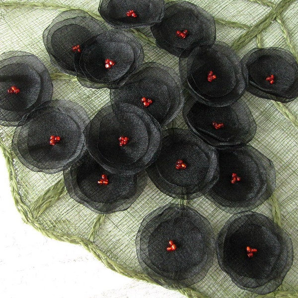 Organza flowers, sew on flower appliques, floral embellishments, handmade flowers, flower appliques for crafts (15pcs)- BLACK with RED BEADS