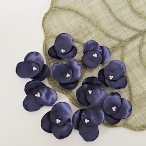 Hydrangea  fabric flower appliques, handmade satin sew on blossoms for sewing, bridal, hair accessory crafts  (10 pcs)- Deep Navy Blue