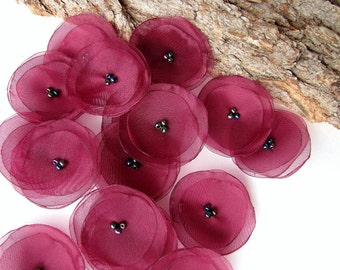 Handmade organza sew on flower appliques, floral embellishments for crafts (15pcs)- METALLIC CRANBERRY BLOSSOMS