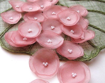 Organza fabric handmade sew on flower appliques, floral supplies, bridal crafts, floral embellishments (15pcs)- SHIMMERY DUSTY ROSE