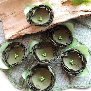 Fabric flowers- Handmade fabric flower appliques, embellishments, wedding supplies, flowers for crafts(6 pcs) -OLIVE GREEN ROSES With Leaves
