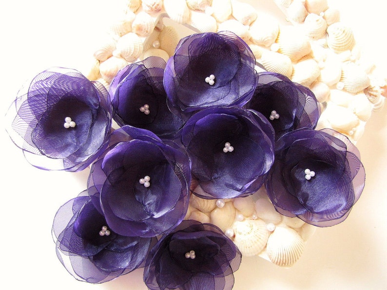 Water Lilies Handmade organza sew on flower appliques 5 pcs DEEP PURPLE / BLACKBERRY image 4