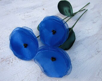 Flowers with stems, home decor, fabric flowers, handmade organza flowers- set of 3 pcs- ROYAL BLUE POPPIES (as seen in Brides magazine)