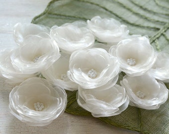 Water Lilies- Fabric flower embellishments - Organza sew on flower appliques, wedding flowers, ivory fabric flowers(5 pcs)- CREAM IVORY