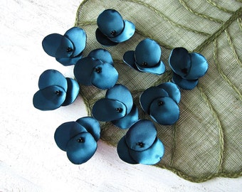 Hydrangea  fabric flower appliques, handmade satin sew on blossoms for sewing, bridal, hair accessory crafts  (10 pcs)- TEAL BLUE