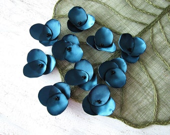 Hydrangea Blossoms- Handmade satin sew on flower appliques, floral embellishments (10 pcs)- TEAL BLUE