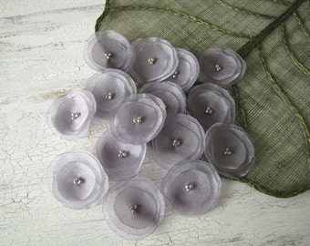 Organza handmade sew on flower appliques, floral embellishment supplies for crafts (15pcs)- SHIMMER ROYAL SILVER