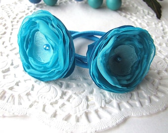 Ponytail holders with handmade satin and sheer voile flowers , hair accessories, hair flowers, silk flowers for hair- TURQUOISE BLOSSOMS