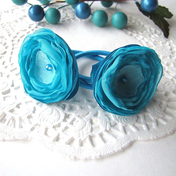 Ponytail holders with handmade satin and sheer voile flowers , hair accessories, hair flowers, silk flowers for hair- TURQUOISE BLOSSOMS