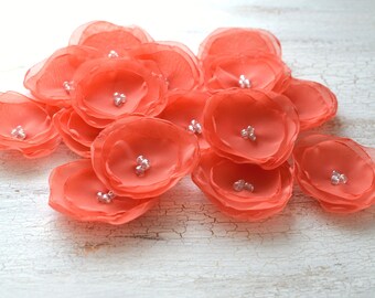 Sheer voile fabric flower appliques, silk fabric flowers, floral embellishments, floral wedding supplies, silk flowers (15pcs)-  CORAL