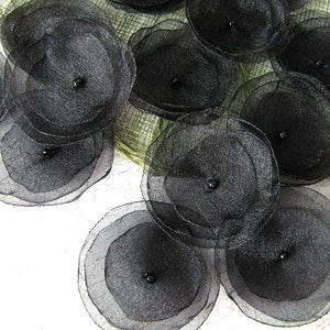 Organza flowers, sew on flower appliques, floral embellishments, table scatter, diy bouquet supplies, fabric flowers 15pcs SHIMMER BLACK image 3