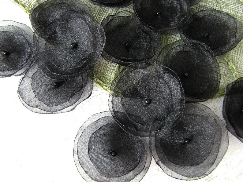 Organza flowers, sew on flower appliques, floral embellishments, table scatter, diy bouquet supplies, fabric flowers 15pcs SHIMMER BLACK image 3