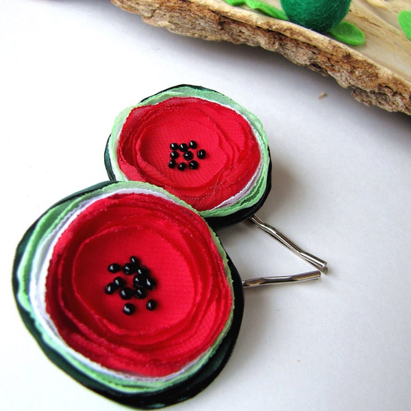 Handmade bobby pins with fabric flowers (2 pcs) - TINY FRESH WATERMELONS