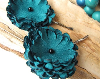 Bobby pins with fabric flowers, floral hair pins, fabric flower accessories, handmade fabric flowers (set of 2 pcs) - GREEN TEAL DAHLIA