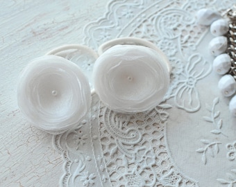 Ponytail holders with flowers, organza flowers for hair, floral hair ties, flower hair ponytails, floral elastics- SHIMMERY WHITE