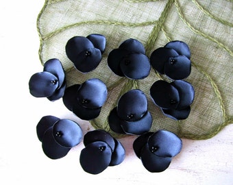Hydrangea Blossoms- Handmade satin sew on flower appliques, floral embellishments for crafts, petite fabric flowers (10 pcs)- Deep Navy Blue