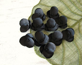 Hydrangea Blossoms-Handmade satin sew on flower appliques (10 pcs)- BLACK