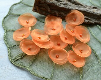 Fabric flowers, silk flowers, handmade sew on flower appliques, organza flower appliques, appliques for crafts (15pcs)- TANGERINE ORANGE