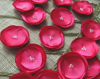 Handmade satin sew on flower appliques (15pcs)- FUCHSIA PINK SATIN