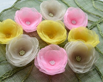 Water Lilies-  Floral embellishments, organza sew on flower appliques, flowers for crafts, cloth flowers (9 pcs)- CHAMPAGNE- YELLOW- PINK