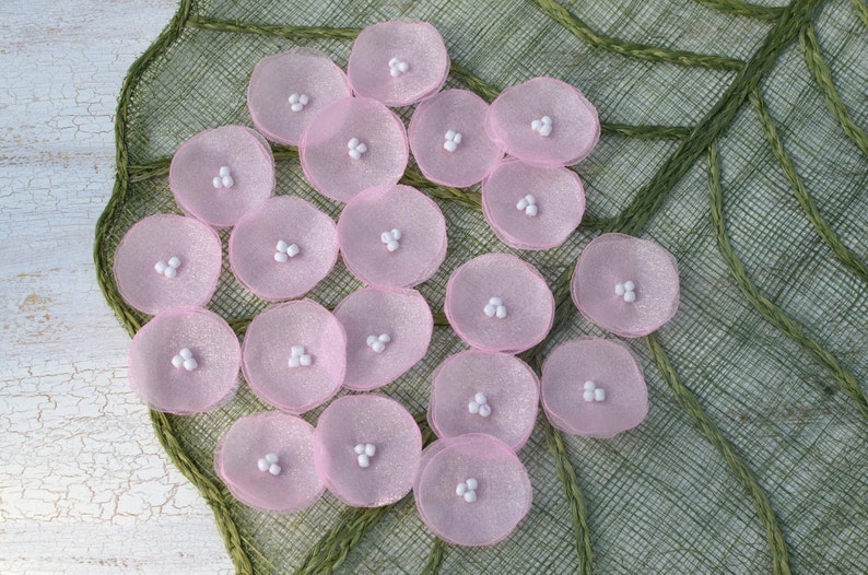 Organza flowers, sew on flower appliques, fabric flowers, fabric appliques for wedding crafts 20pcs MINI PINK image 1