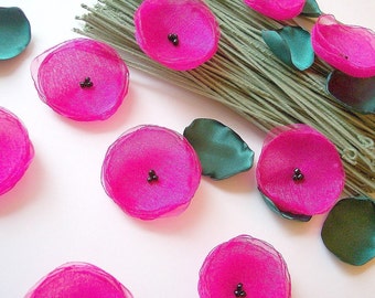 Poppy Garden...Handmade organza sew on flower appliques (10 pcs)- FUCHSIA PINK POPPIES