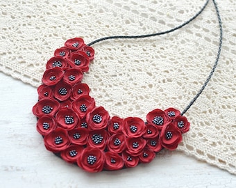 Fabric flower necklace, silk bib necklace, statement necklace, red poppy necklace, floral jewelry, textile jewelry- RED POPPY FIELD