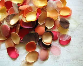Satin, organza leaf appliques, petals,  fabric embellishments (100pcs)- PILE of  LEAVES (Fall Shades of Red, Yellow, Gold, Orange, Brown)