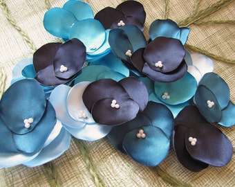 Hydrangea Blossoms- Fabric flowers, handmade satin sew on flower appliques (20 pcs)- BLUE LAGOON (Baby Blue- Turquoise- Teal - Navy)