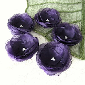 Water Lilies Handmade organza sew on flower appliques 5 pcs DEEP PURPLE / BLACKBERRY image 1