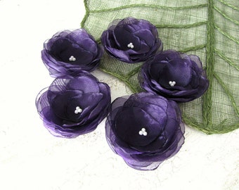 Water Lilies- Handmade organza sew on flower appliques (5 pcs)- DEEP PURPLE / BLACKBERRY