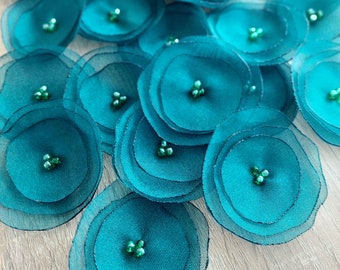 Organza fabric sew on flower appliques, peacock flowers, fabric flowers, organza flowers bulk, silk poppies (15 pcs)- SHIMMER GREEN TEAL