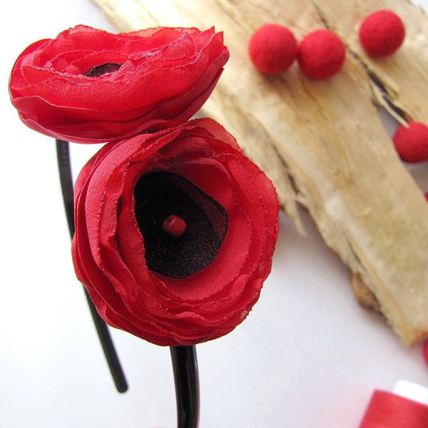 Floral headband, fabric flower hair accessory, red poppy hair band, poppy headband, fabric flowers for hair, wedding headband- RED POPPY