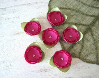 Fabric flower appliques, silky satin flower embellishments (6 pcs) - FUCHSIA PINK ROSES with leaves