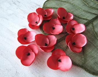 Hydrangea Blossoms-Handmade satin sew on flower appliques (10 pcs)- CORAL PINK