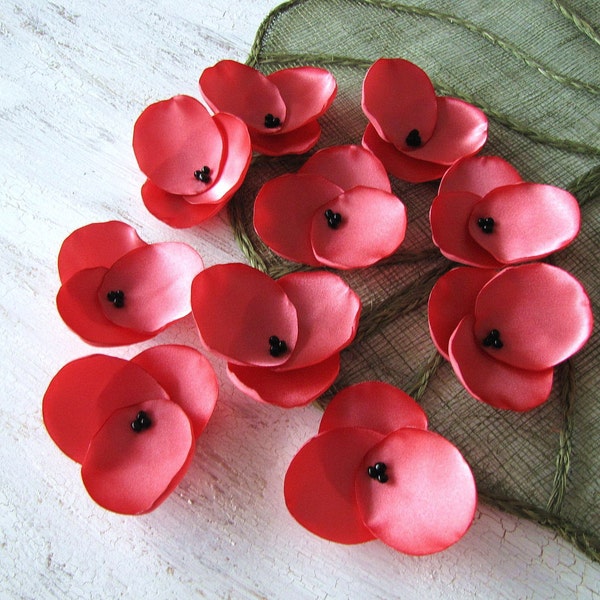 Hydrangea Blossoms-Handmade satin sew on flower appliques (10 pcs)- CORAL PINK