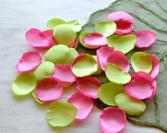 Satin leaf appliques, rose petals, fabric embellishments, fabric petals, wedding petals, silk petals bulk (50pcs)- NEON LIME and BUBBLEGUM