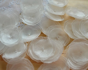 Handmade organza fabric flower appliques, floral embellishment supplies for crafts (15pcs)- SHEER SHIMMERY IVORY