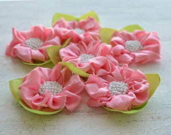 Apliques de flores de seda sintética deshilachadas, flores de tela con borde sin rematar hechas a mano para novias, alta costura (3 piezas) - MARGARITAS ROSAS