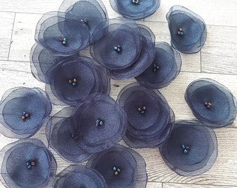 Organza fabric sew on flower appliques, peacock flowers, fabric flowers, organza flowers bulk, silk poppies (15 pcs)- SHIMMER MIDNIGHT BLUE