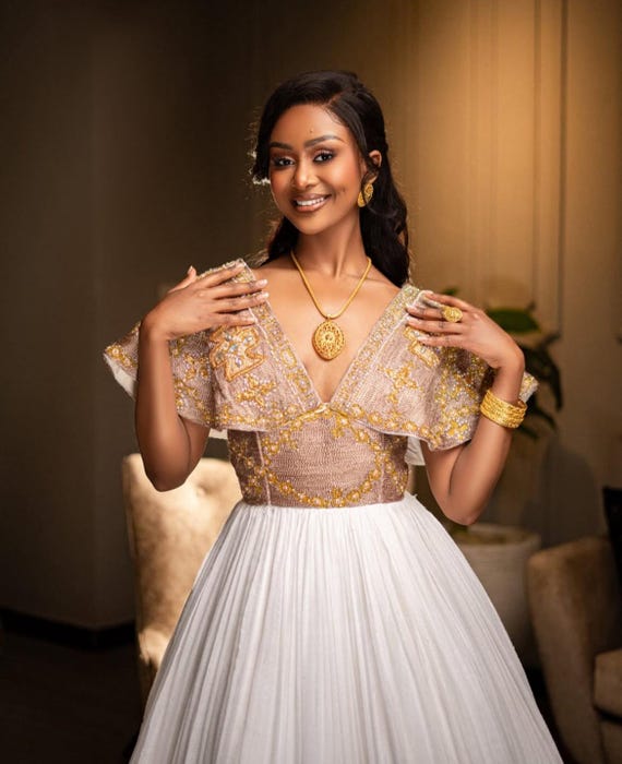 Elegant Habesha Wedding Dress  Handcrafted Ethiopian Bridal Kemis With Gold  Tilf - Etsy