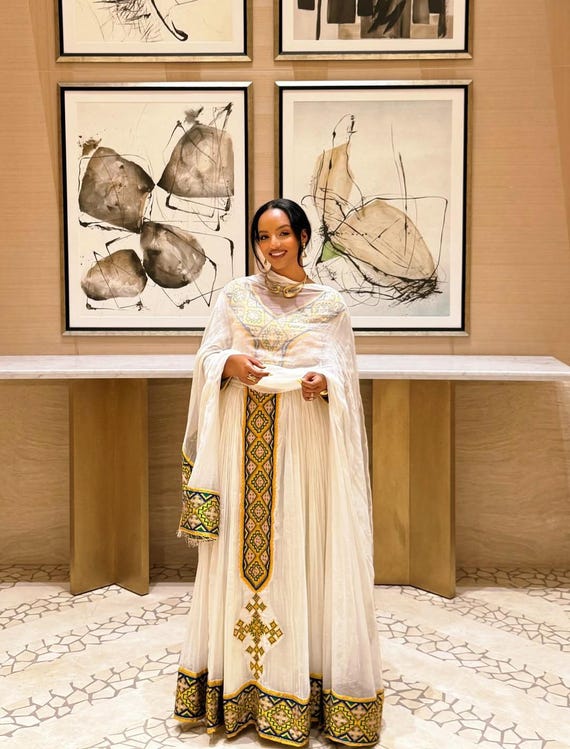 white dress with touch of gold Habesha Dress - Off-white Cotton With a Touch of Gold