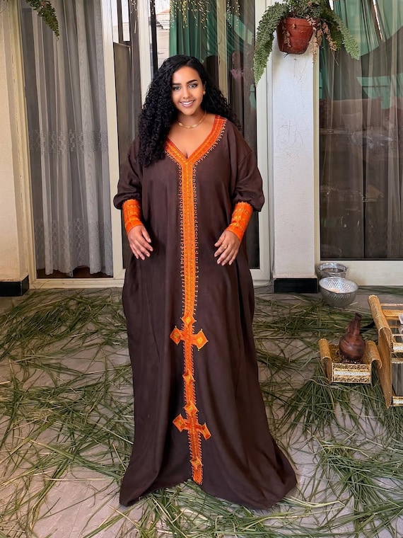 brown ethnic dress Habesha – Elegant Traditional Ethiopian Outfit for Cultural Events & Family Celebrations This stunning gown