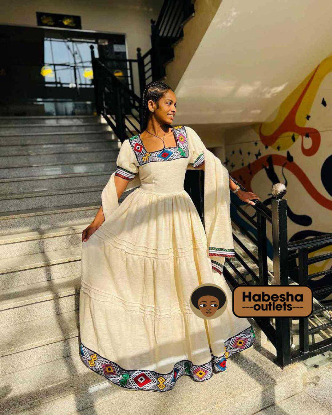 Elegant Ethiopian Dress – Handwoven Habesha Kemis with Gondar Tilf Embroidery