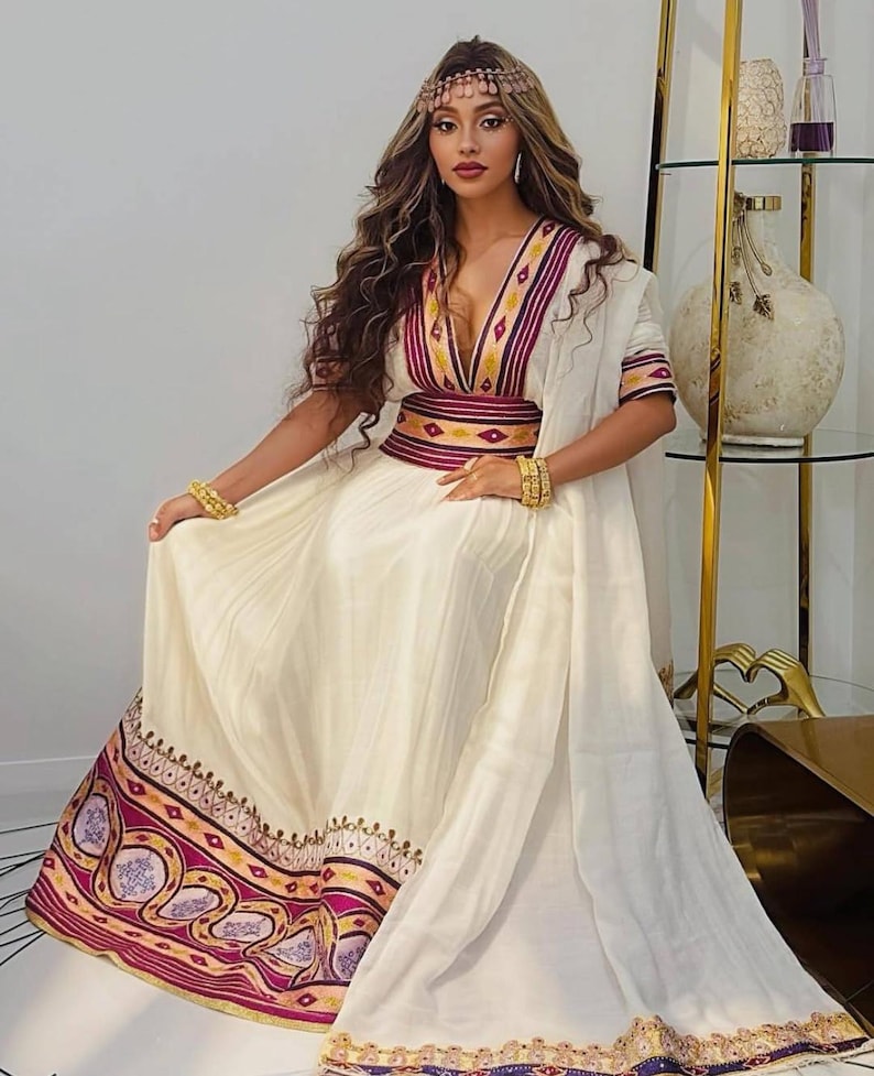 Regal Ethiopian Habesha Dress - Zuria with Gold & Brown Embroidery
